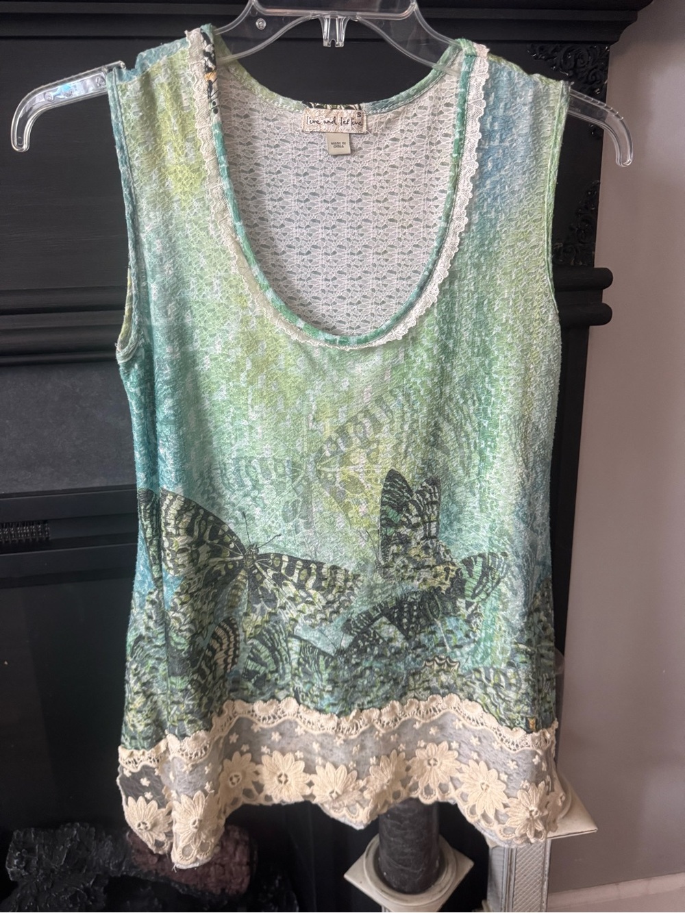 live and let live Green and Aqua Butterfly Lace Trim Tank Top